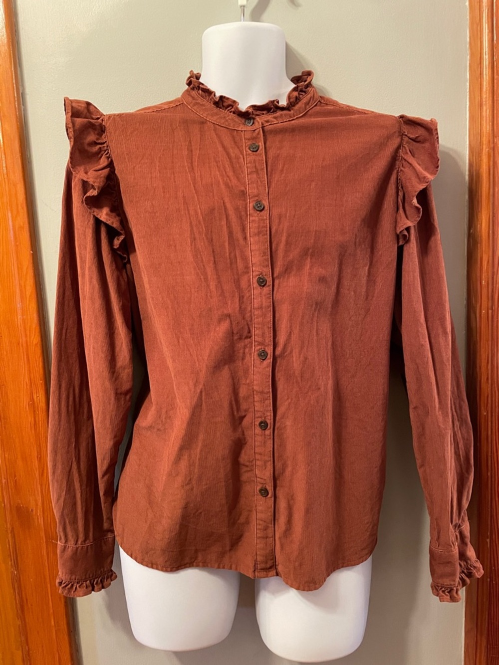 GAP Ruffle-Trim Button-Front Rust Soft Cotton Corduroy Preppy Peasant Blouse